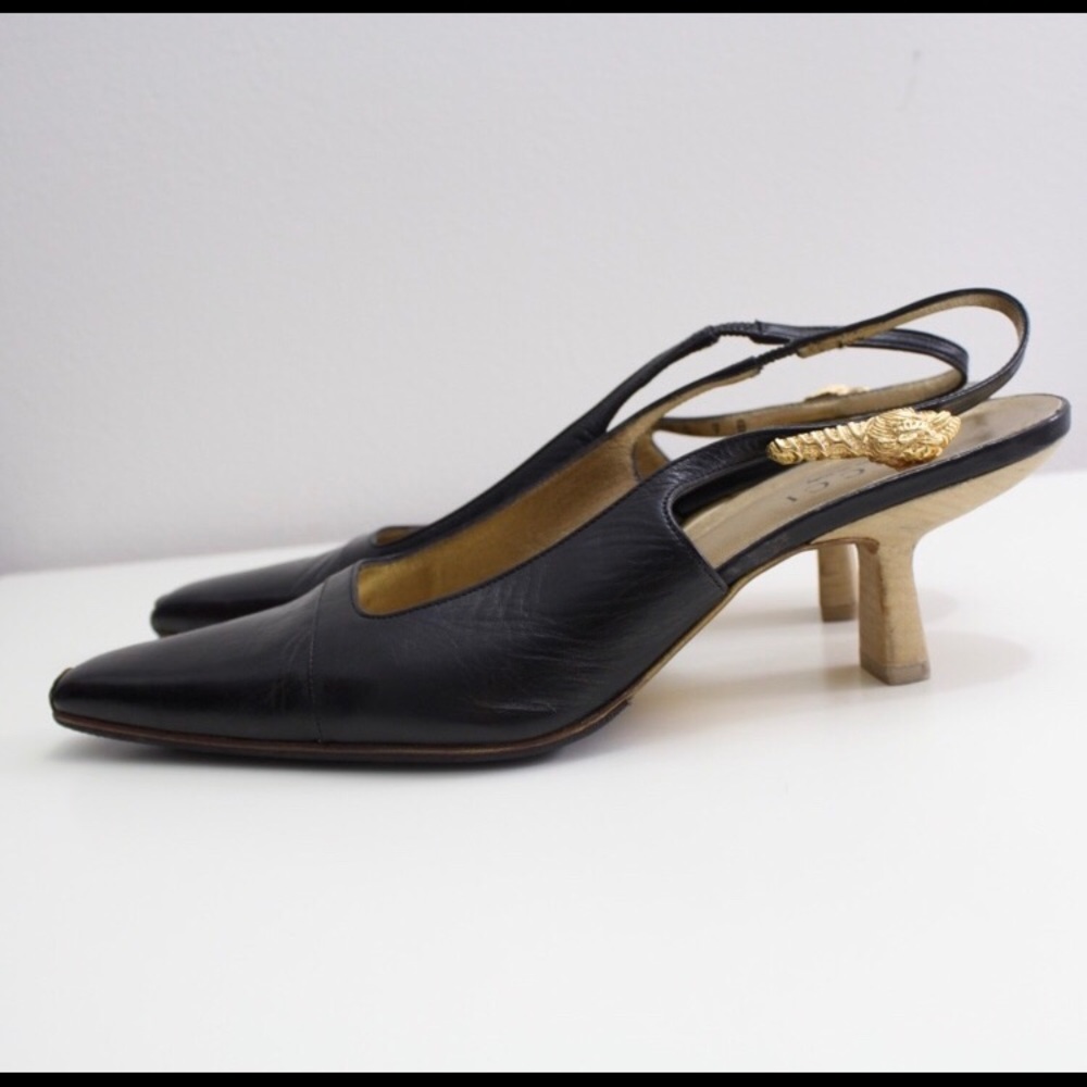 Gucci Black Leather Slingback Heels with Gold Accents